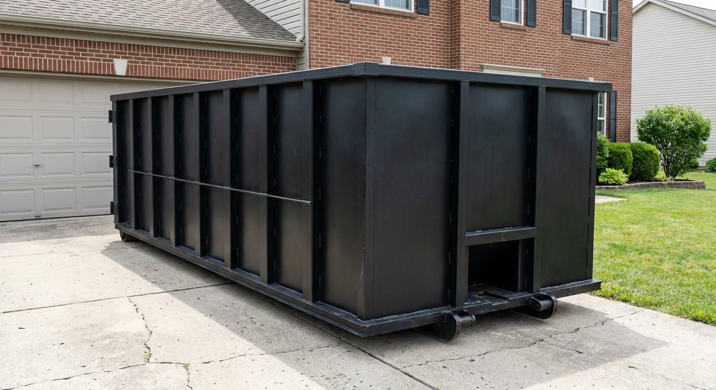Matte-black 20-yard roll-off container on a Beaumont residential concrete driveway with reinforced ribbed steel sidewalls and a hinged rear walk-in door, clean bright daylight.