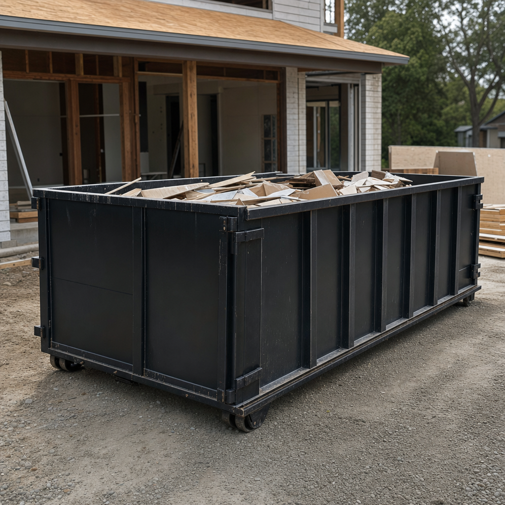 Large matte-black 30-yard construction roll-off dumpster at an active Beaumont jobsite, steel-gray top rails and bottom rollers visible, loaded with construction debris.